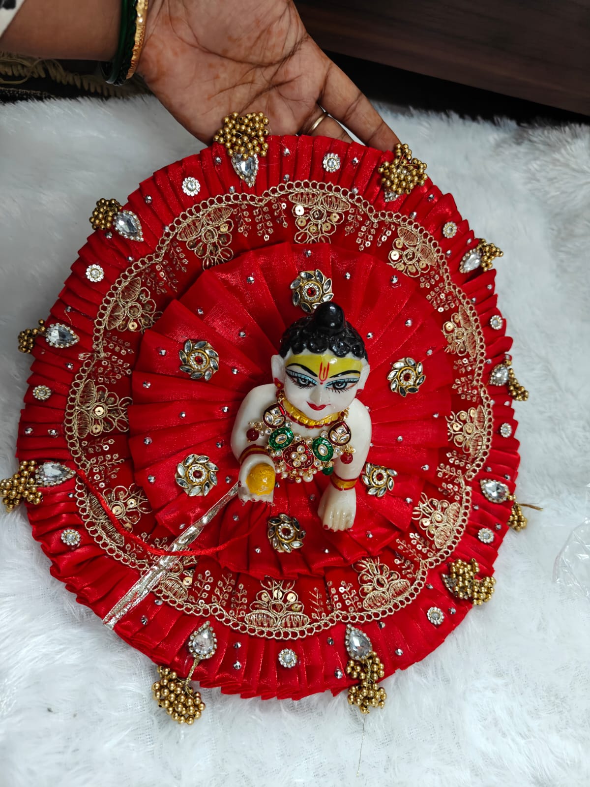 Designer Red Laddu Gopal Dress with Zari Embroidery & Stone Work